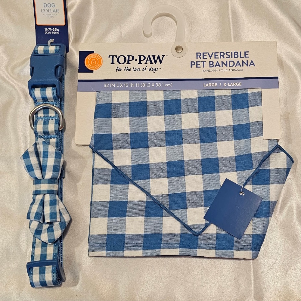 Top Paw Blue & White Gingham Print Leash and Reversible Pet Bandana (L)